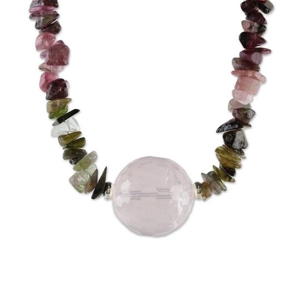 Alternate image for Thai Rose Quartz and Tourmaline Beaded Pendant Necklace Natural Rose