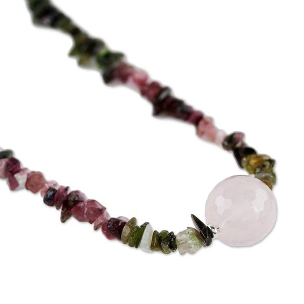 Alternate image for Thai Rose Quartz and Tourmaline Beaded Pendant Necklace Natural Rose