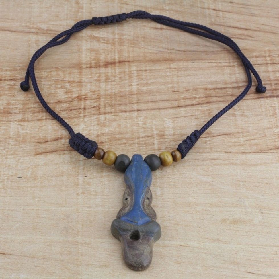 Adjustable Sese Wood Pendant Necklace in Blue from Ghana 'Akan Wisdom'