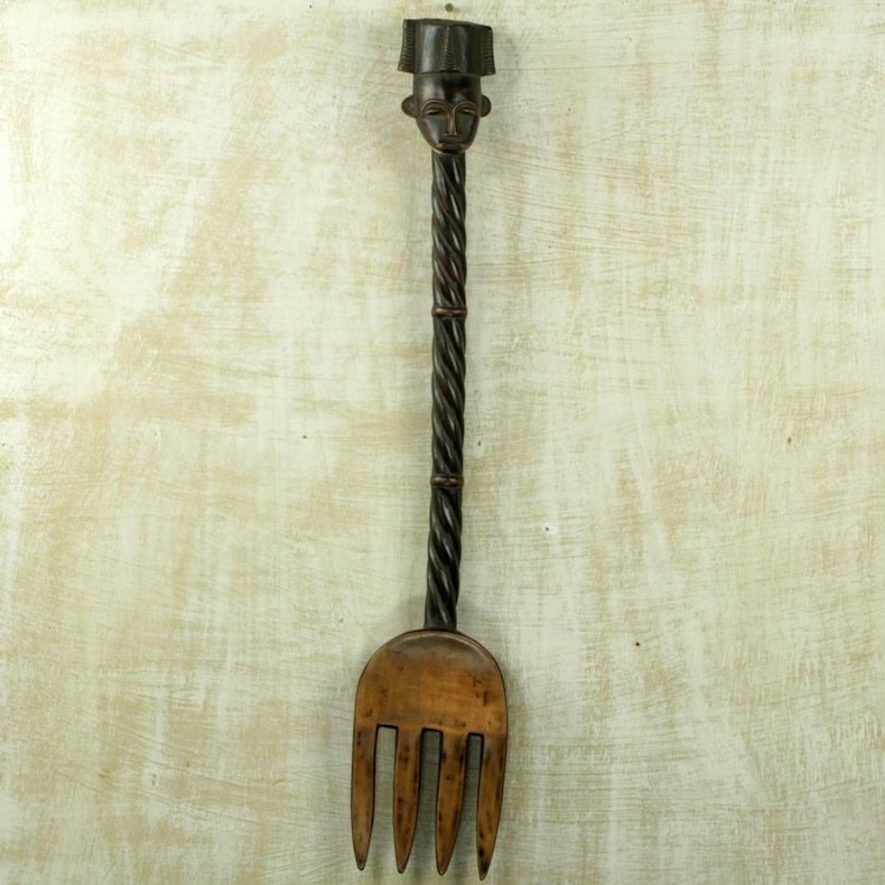 Hand Carved Sese Wood Sculpture of a Fork With Royal Motif 'King's Fork'