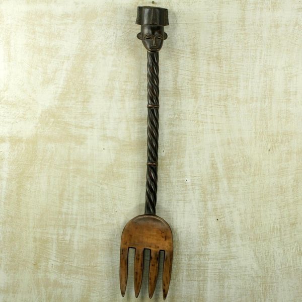 Alternate image for Hand Carved Sese Wood Sculpture of a Fork With Royal Motif Kings Fork