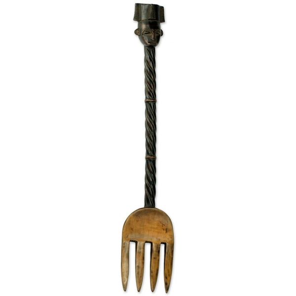 Alternate image for Hand Carved Sese Wood Sculpture of a Fork With Royal Motif Kings Fork
