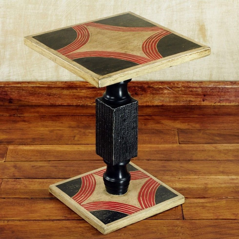 Hand Crafted Cedar Wood Black and Beige End Table from Ghana 'Blooming Light'