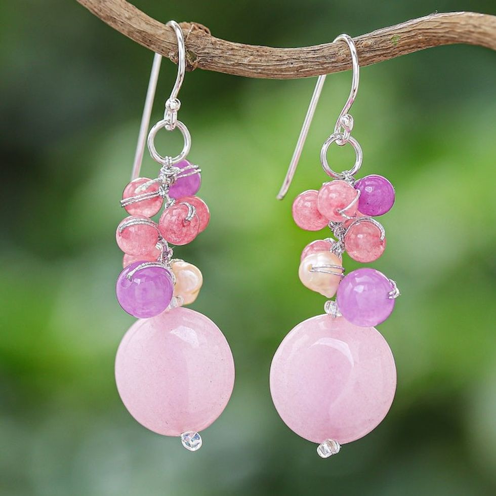 Handmade Purple and Pink Quartz and Pearl Cluster Earrings 'Sweet Thai Joy'