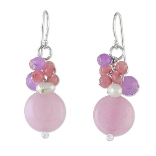 Alternate image for Handmade Purple and Pink Quartz and Pearl Cluster Earrings Sweet Thai Joy