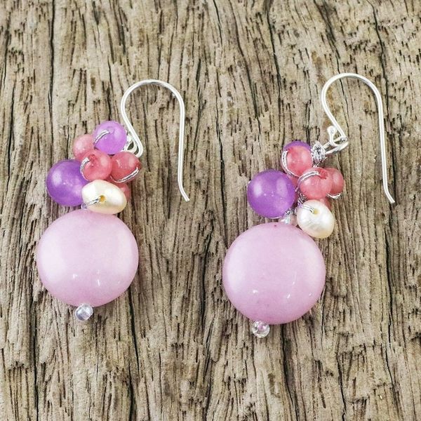Alternate image for Handmade Purple and Pink Quartz and Pearl Cluster Earrings Sweet Thai Joy