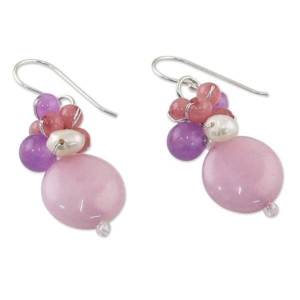 Alternate image for Handmade Purple and Pink Quartz and Pearl Cluster Earrings Sweet Thai Joy