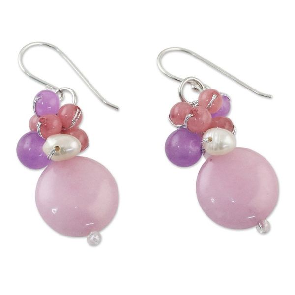 Alternate image for Handmade Purple and Pink Quartz and Pearl Cluster Earrings Sweet Thai Joy