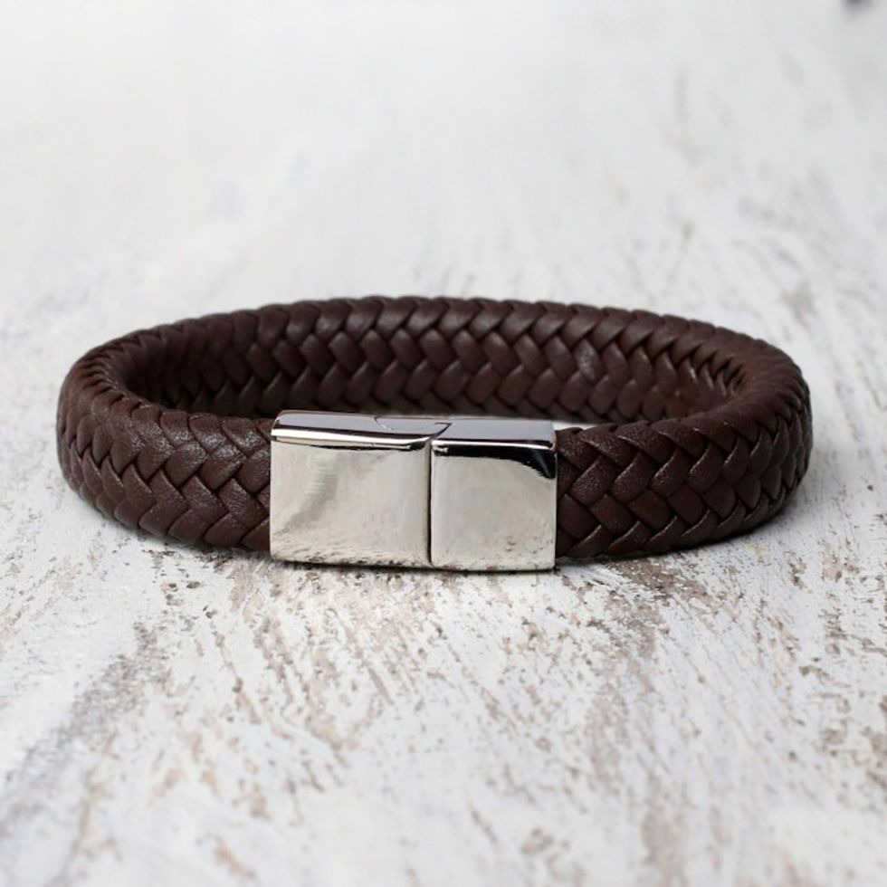 Brown Braided Leather Wristband Bracelet from Thailand 'Best Friend in Brown'
