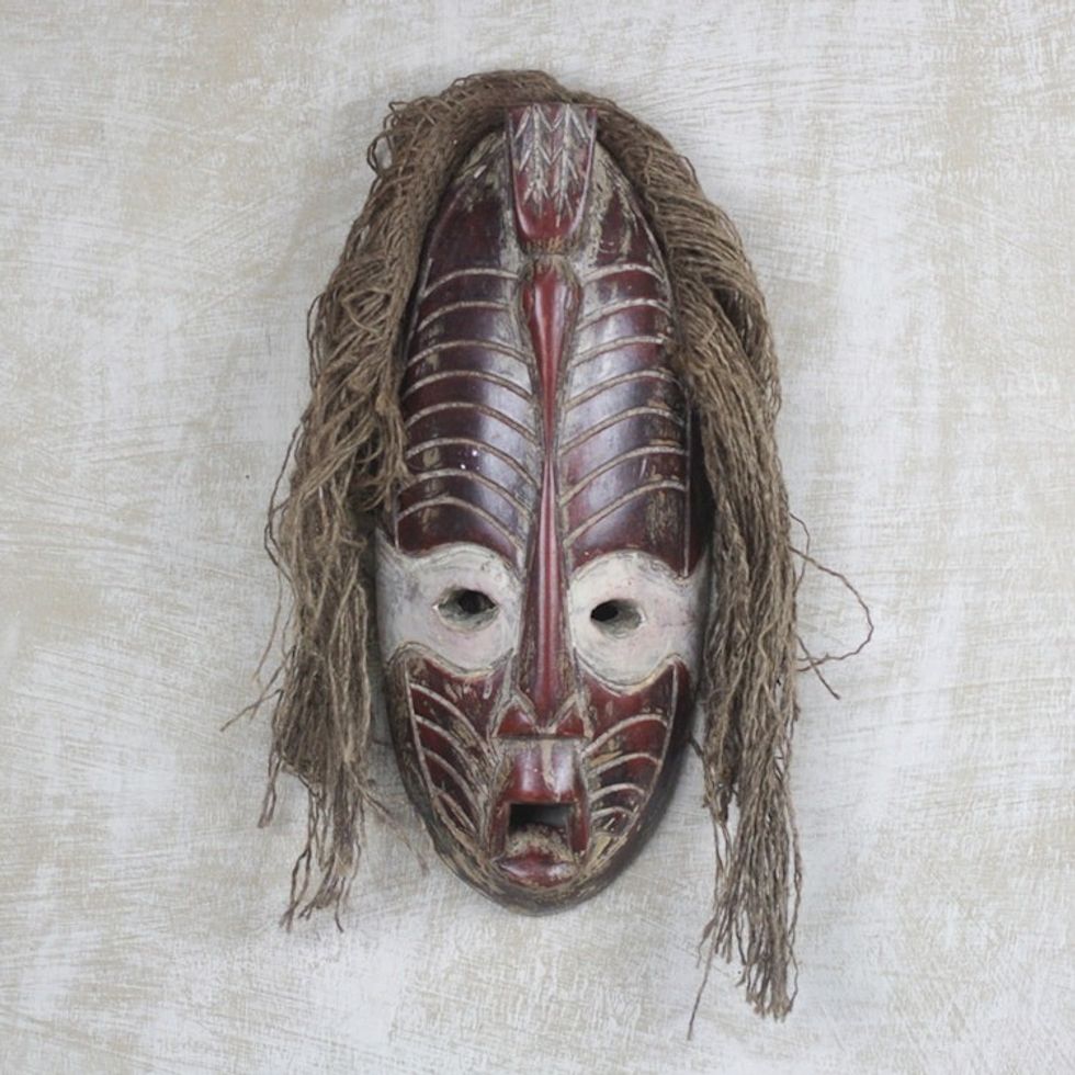 Hand Crafted African Sese Wood Oblong Mask with Dove Head 'Whisper of the Dove'