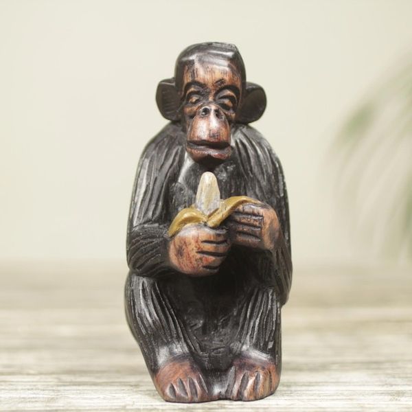 Alternate image for Hand Carved Animal Theme Figurine African Ebony Sculpture Monkey Peeling a Banana