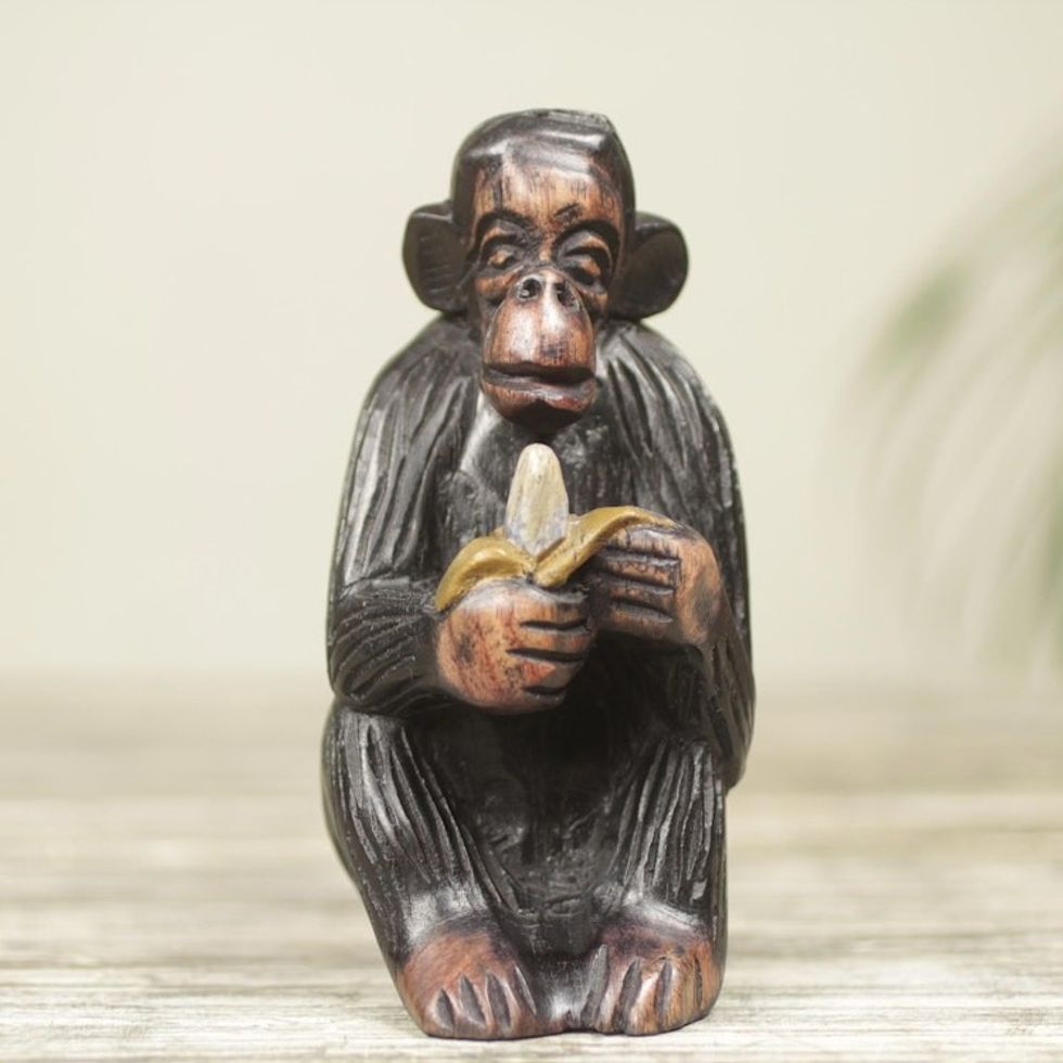 Hand Carved Animal Theme Figurine African Ebony Sculpture 'Monkey Peeling a Banana'