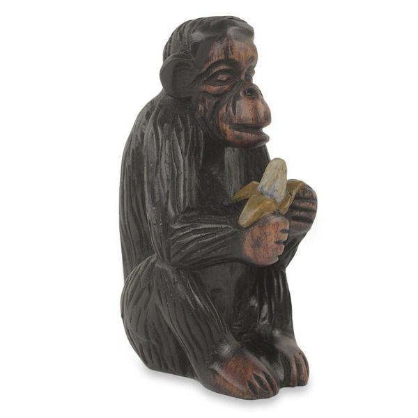 Alternate image for Hand Carved Animal Theme Figurine African Ebony Sculpture Monkey Peeling a Banana