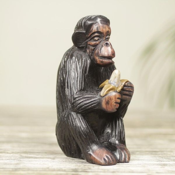 Alternate image for Hand Carved Animal Theme Figurine African Ebony Sculpture Monkey Peeling a Banana