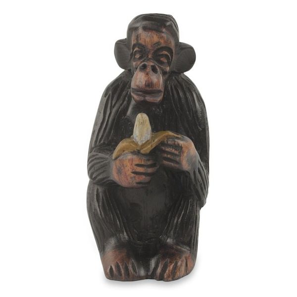 Alternate image for Hand Carved Animal Theme Figurine African Ebony Sculpture Monkey Peeling a Banana