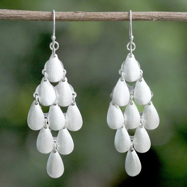 Alternate image for Thai Sterling Silver Shimmering Drop Dangle Earrings Rainy Diamonds