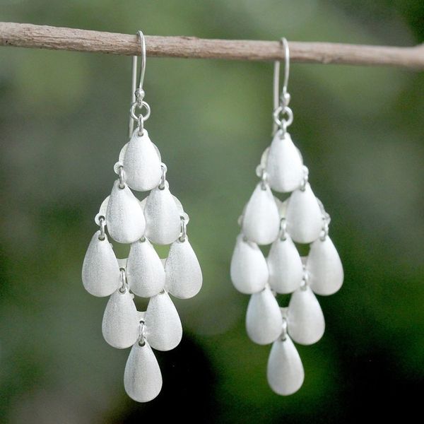 Alternate image for Thai Sterling Silver Shimmering Drop Dangle Earrings Rainy Diamonds