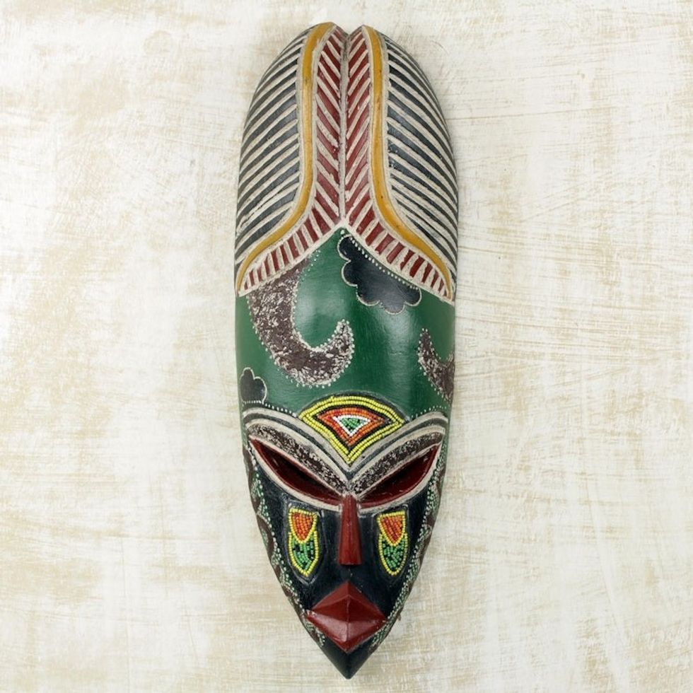 Colorful Beaded Wood Mask from Ghanaian Artisan 'Fearless Warrior'