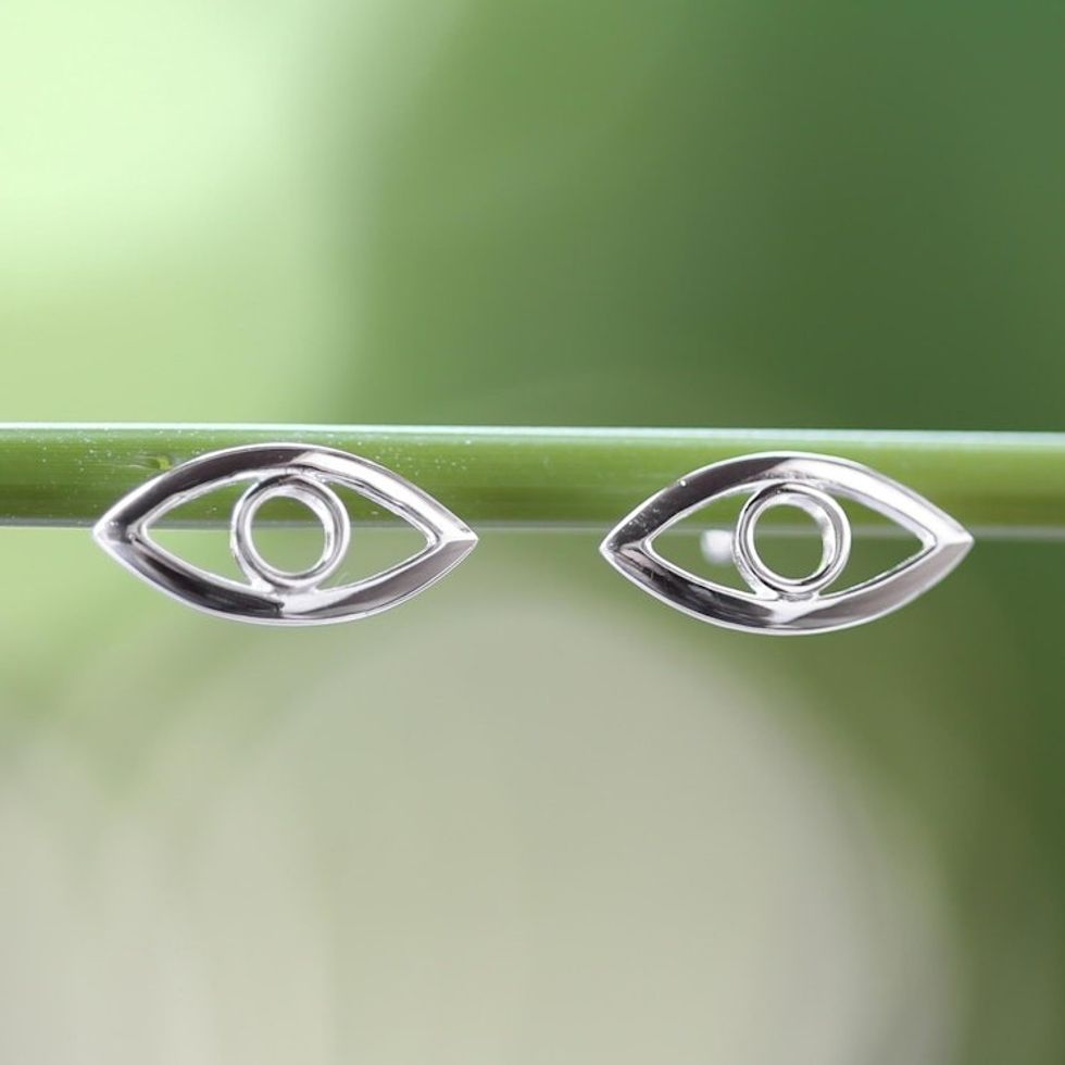 Handcrafted Sterling Silver Button Earrings from Thailand 'Magic Eye'