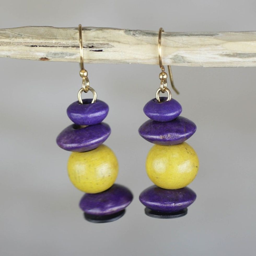 Yellow and Purple Sese Wood Pebbles Beaded Dangle Earrings 'Stacks of Pebbles'