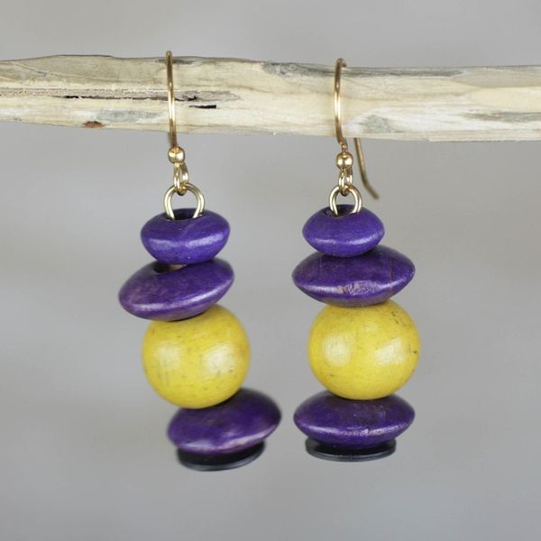 Alternate image for Yellow and Purple Sese Wood Pebbles Beaded Dangle Earrings Stacks of Pebbles