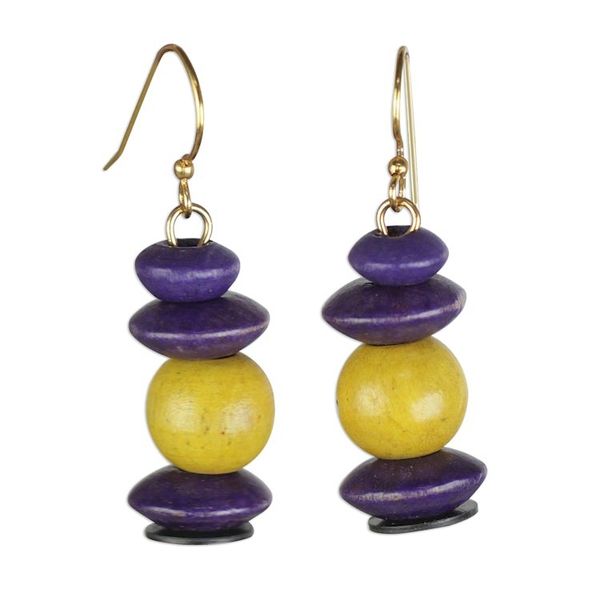 Alternate image for Yellow and Purple Sese Wood Pebbles Beaded Dangle Earrings Stacks of Pebbles