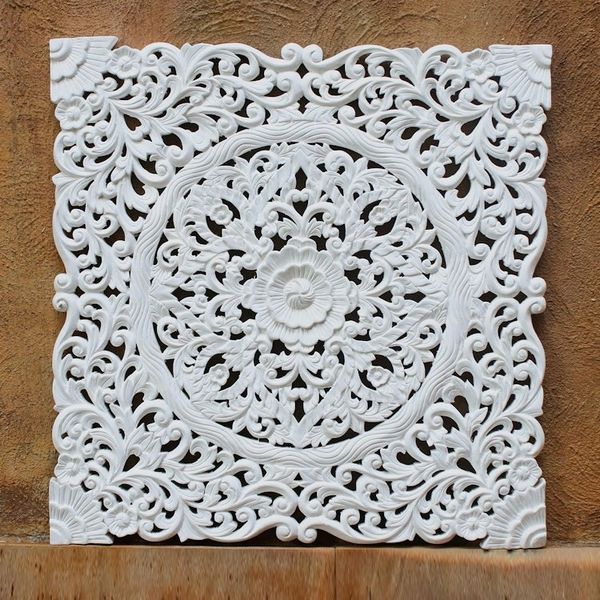 Alternate image for Hand-Carved Floral Acacia Wood Relief Panel from Thailand Tropical Flower