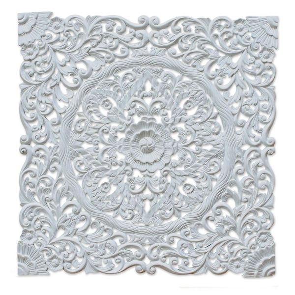 Alternate image for Hand-Carved Floral Acacia Wood Relief Panel from Thailand Tropical Flower
