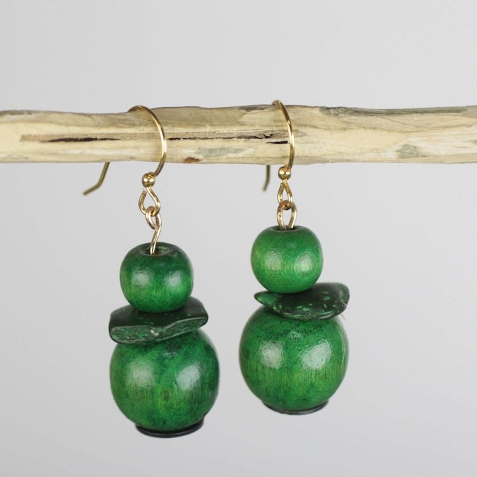 Handcrafted Green and Mighty Sese Wood Dangle Earrings 'Green and Mighty'