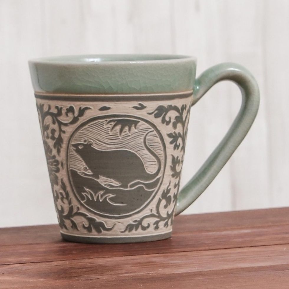 Celadon Glazed Ceramic Mug with Rat from Thailand 'Thai Zodiac Rat'