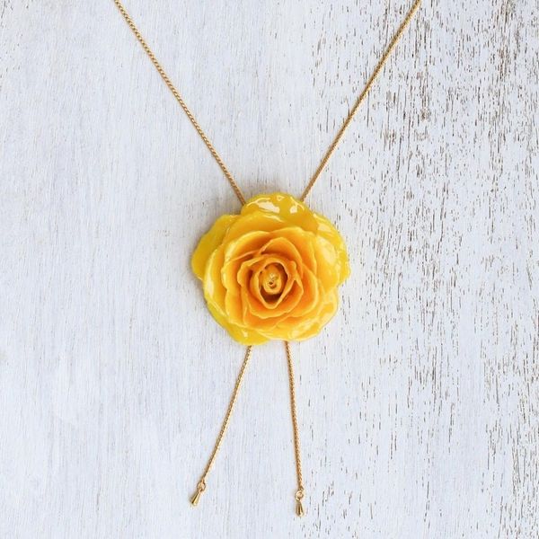 Alternate image for Gold and Genuine Yellow Rose Necklace from Thailand Garden Rose in Yellow