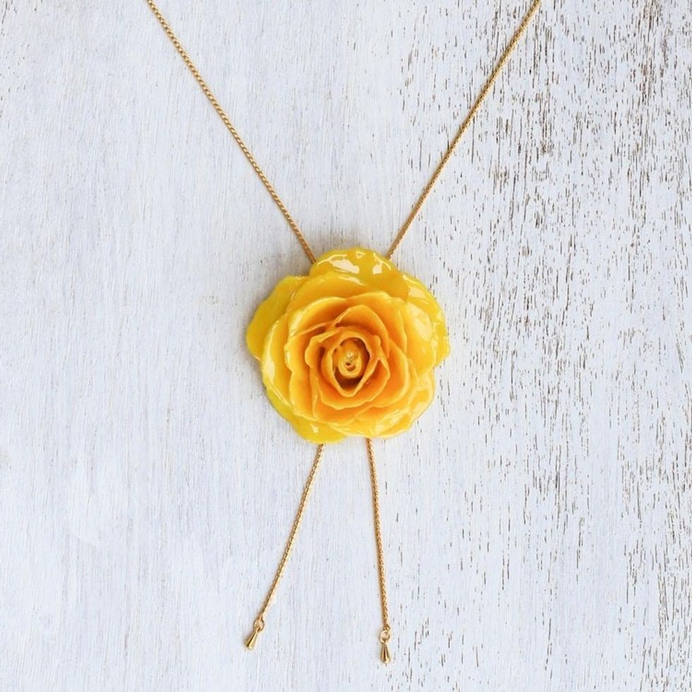 Gold and Genuine Yellow Rose Necklace from Thailand 'Garden Rose in Yellow'