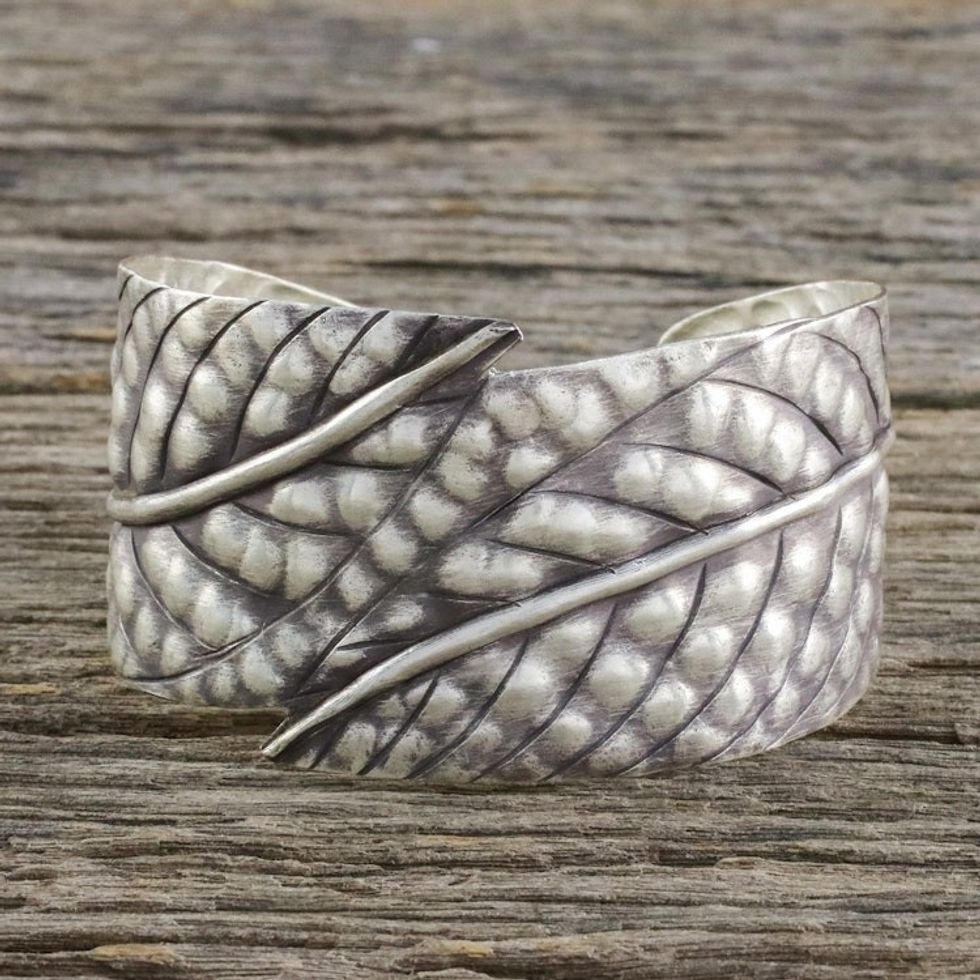 Handcrafted Sterling Silver Leaf Cuff Bracelet from Thailand 'Jungle Delight'