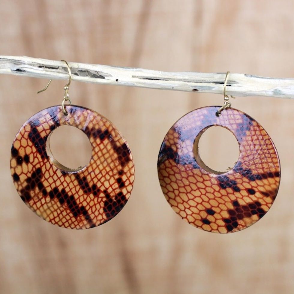 Sese Wood Snakeskin Motif Dangle Earrings from Ghana 'Anaconda'