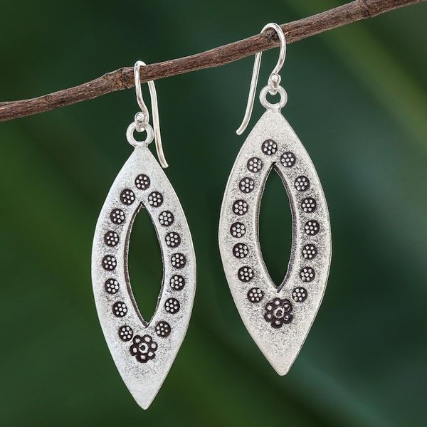 Alternate image for Elliptical Sterling Silver Dangle Earrings from Thailand Flower Eyes