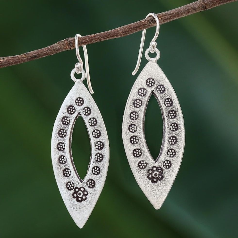 Elliptical Sterling Silver Dangle Earrings from Thailand 'Flower Eyes'