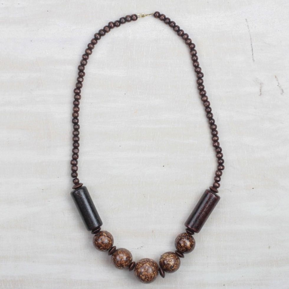 Brown Sese Wood Beaded Necklace from Ghana 'Coffee Beauty'