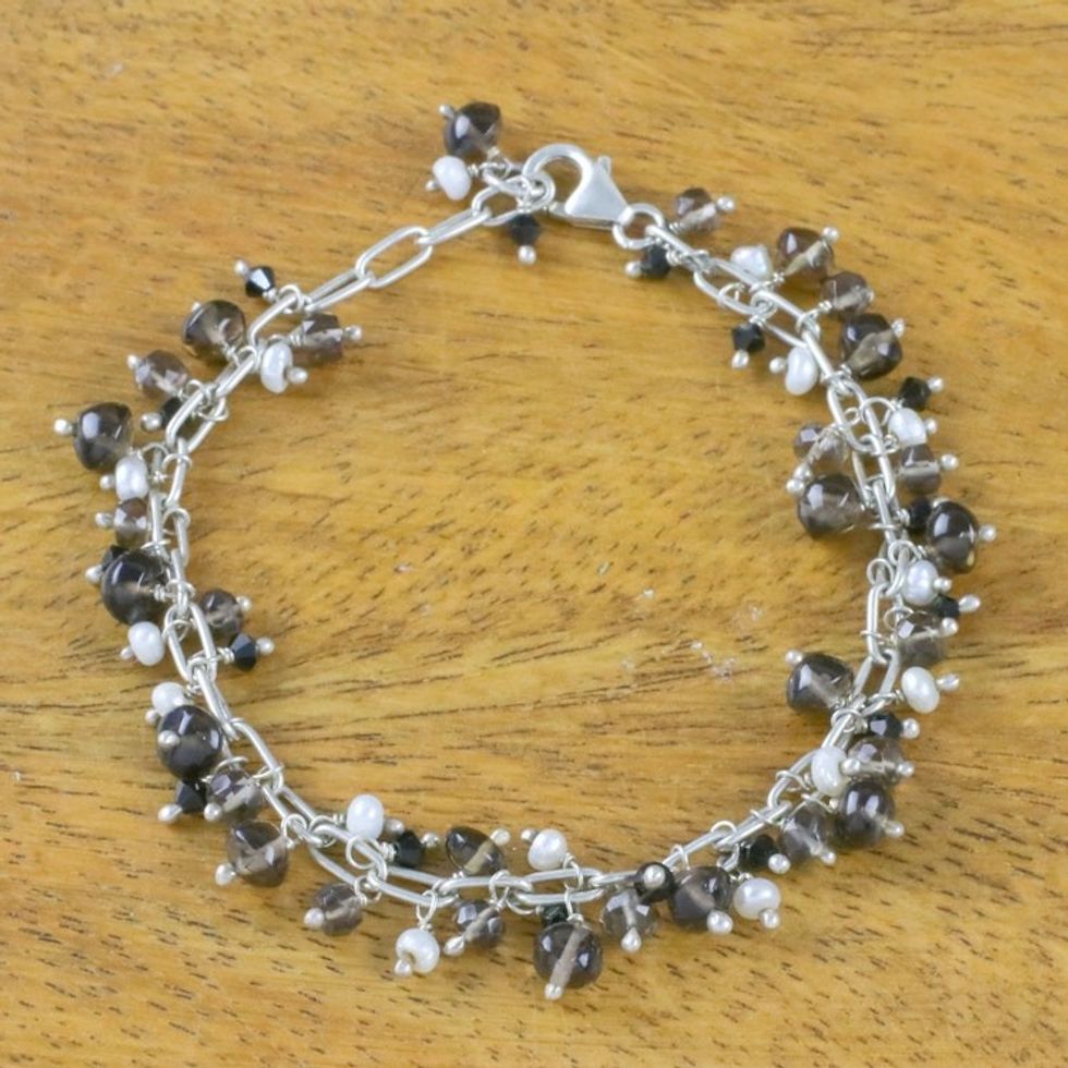 Smoky Quartz and Cultured Pearl Bracelet from Thailand 'Elegant Dream'