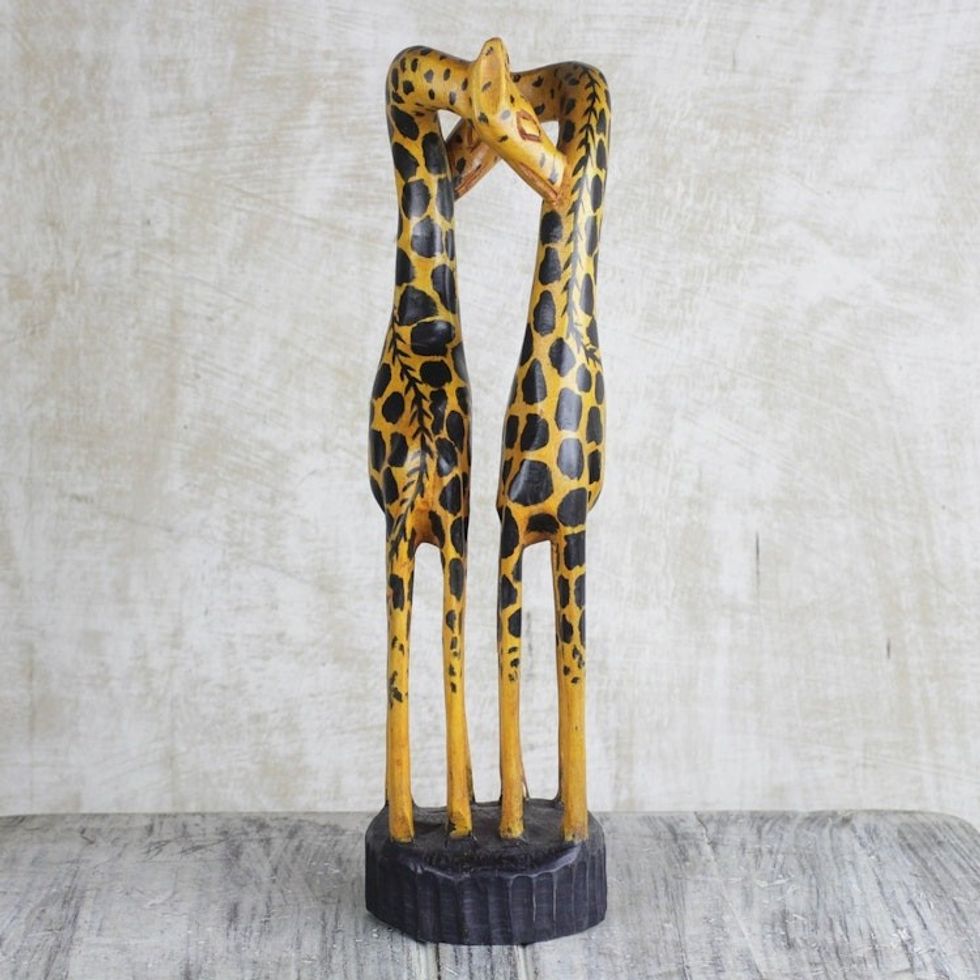 Hand Carved and Painted Kissing Giraffes Wood Sculpture 'Kissing Giraffes'