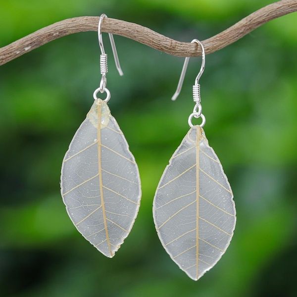 Alternate image for Natural Leaf Dangle Earrings in Straw from Thailand Stunning Nature in Straw
