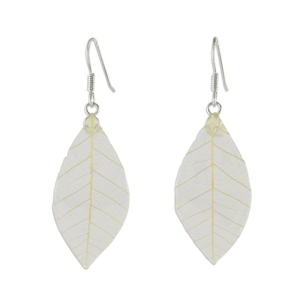 Alternate image for Natural Leaf Dangle Earrings in Straw from Thailand Stunning Nature in Straw