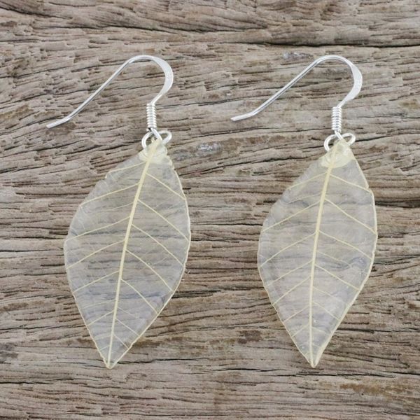 Alternate image for Natural Leaf Dangle Earrings in Straw from Thailand Stunning Nature in Straw