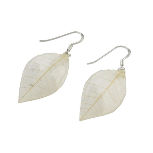 Alternate image for Natural Leaf Dangle Earrings in Straw from Thailand Stunning Nature in Straw