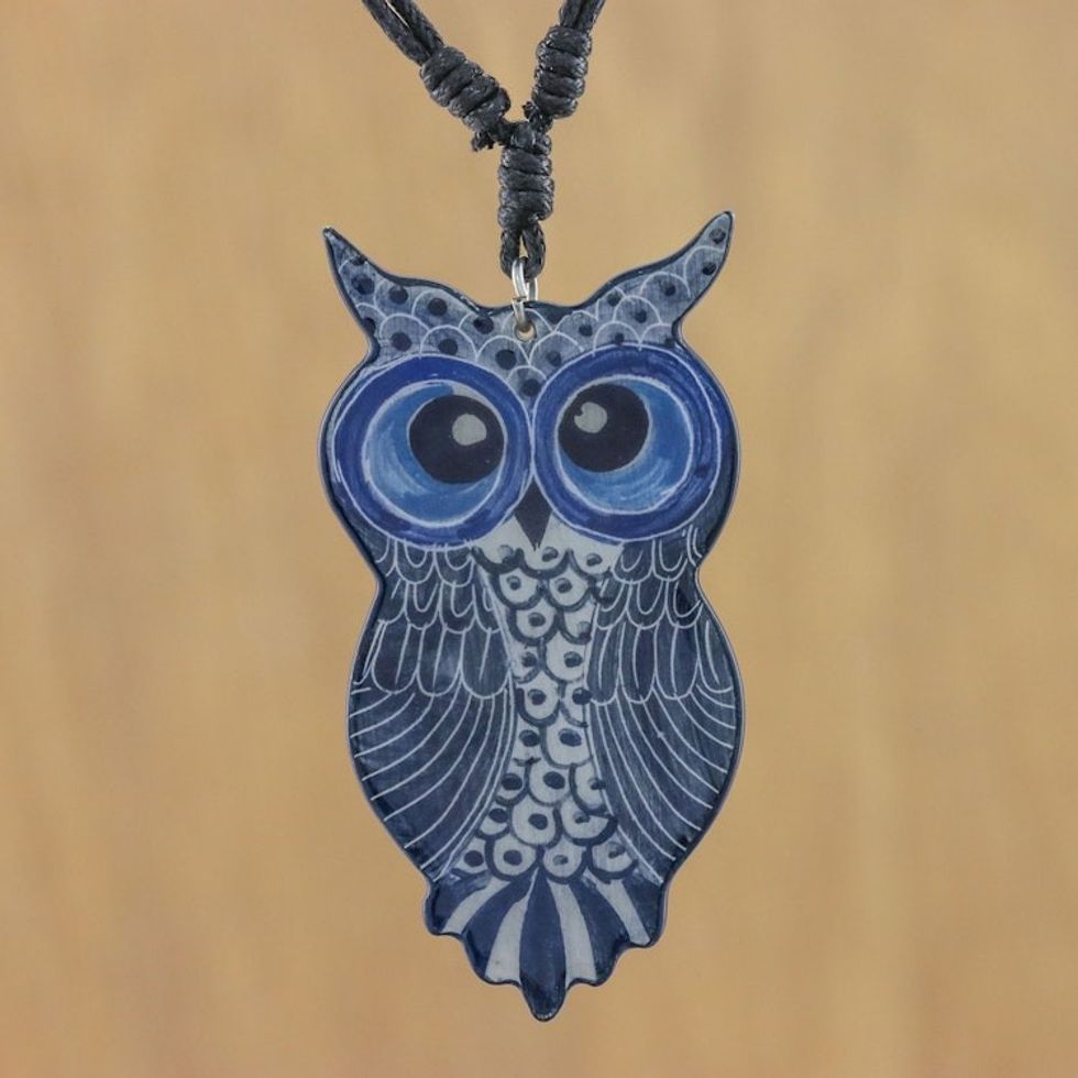 Thai Handmade Blue Ceramic Owl Adjustable Pendant Necklace 'Alluring Blue Owl'