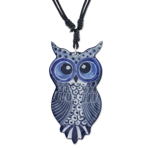 Alternate image for Thai Handmade Blue Ceramic Owl Adjustable Pendant Necklace Alluring Blue Owl