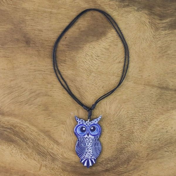 Alternate image for Thai Handmade Blue Ceramic Owl Adjustable Pendant Necklace Alluring Blue Owl