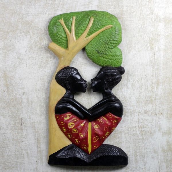 Alternate image for Hand Carved Sese Wood Wall Art Two Lovers Embracing Embracing Lovers