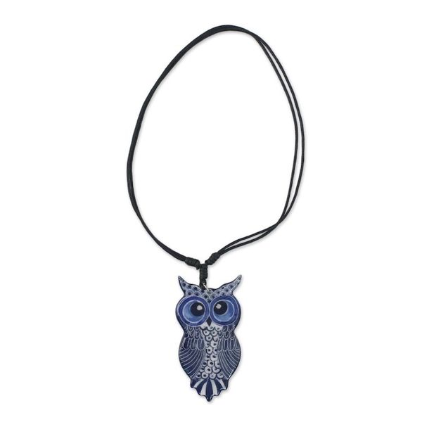 Alternate image for Thai Handmade Blue Ceramic Owl Adjustable Pendant Necklace Alluring Blue Owl