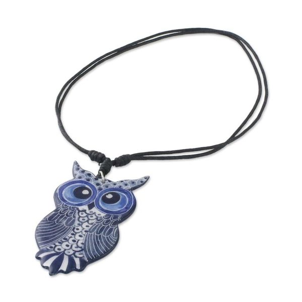 Alternate image for Thai Handmade Blue Ceramic Owl Adjustable Pendant Necklace Alluring Blue Owl