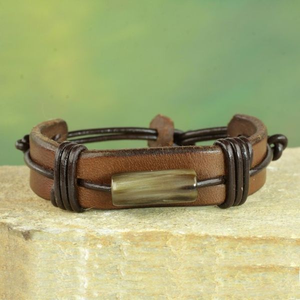 Alternate image for Mens Brown Leather Wristband Bracelet from Ghana Bound Strength in Brown